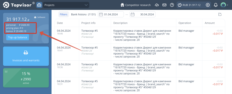 Billing and account top up: Software accounts in the service