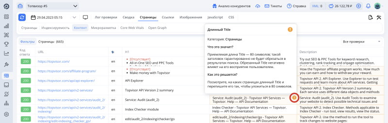 Анализ сайта, Разделы отчета: Страницы, как посмотреть что за ошибка и как ее исправить