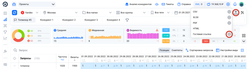 Проверка позиций, Экспорт: как создать отчет по гостевой ссылке